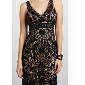 Y2K Sue Wong Beaded Mini Dress Nude Black sz 2V-Neck Sheer Lace SZ 2